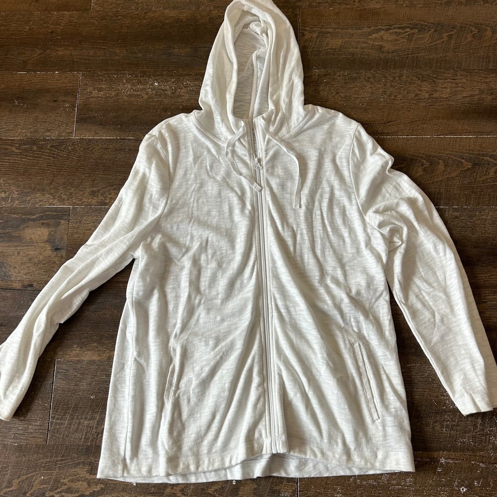 T by Talbots White Slub Knit Full Zip Hoodie Jacket Womens XL Lightweight Cotton